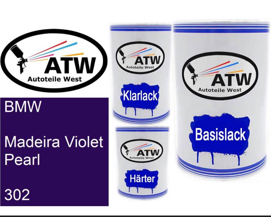 BMW, Madeira Violet Pearl, 302: 500ml Lackdose + 500ml Klarlack + 250ml Härter - Set, von ATW Autoteile West.